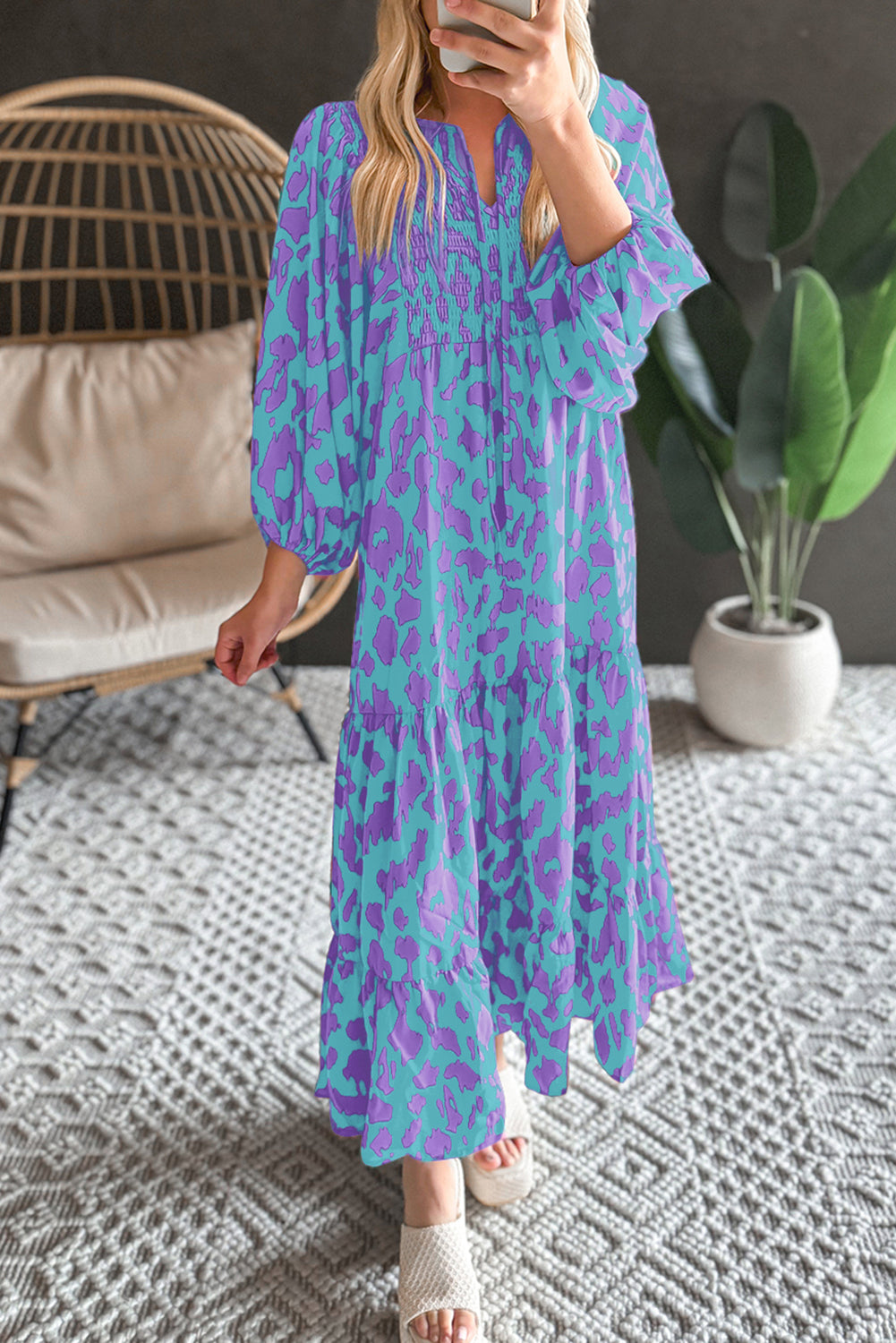 Sky Blue Abstract Print Puff Sleeve Tied Notched Neck Long Dress