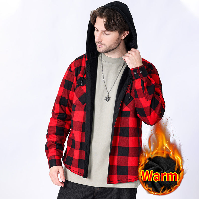 Casual fleece hooded checkered shirt for men