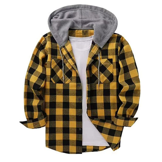 European grid hooded inch shirt hooded shirt men's casual shirt