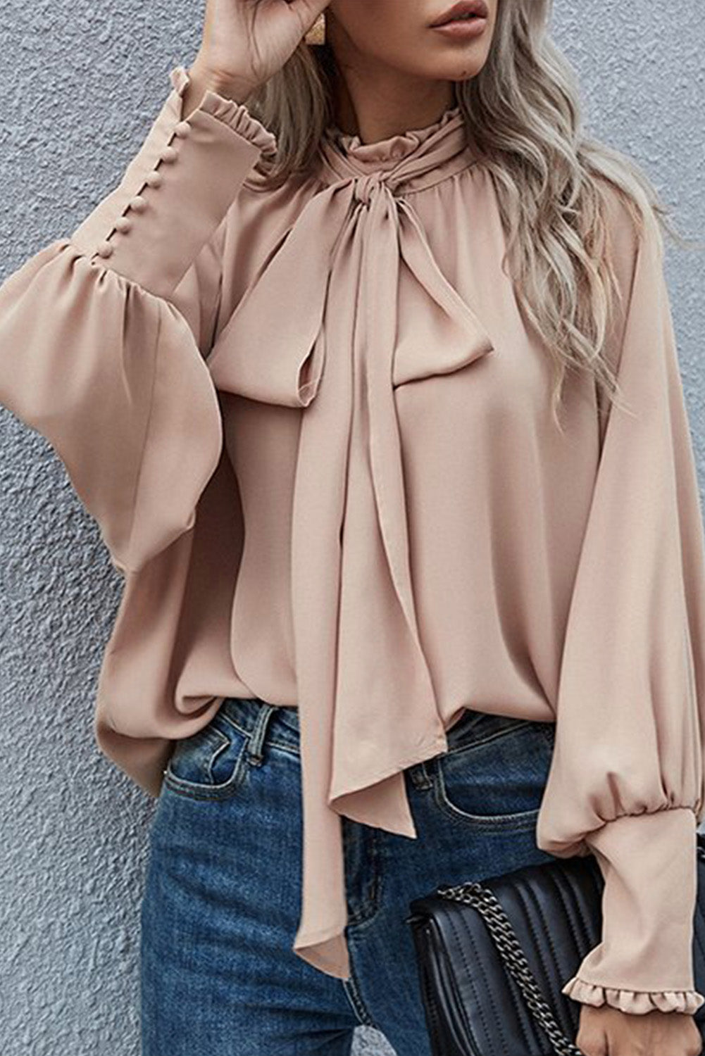 Khaki Frilled Knotted Mock Neck Bishop Sleeve Blouse