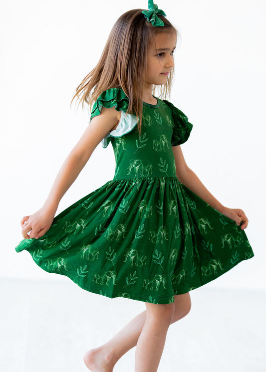 Flutter Sleeve Twirl Dress - Elephants