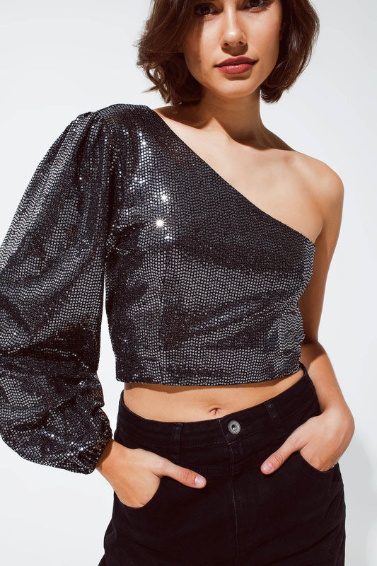 Party Cropped One Shoulder Top With Glitter Detail in Silver