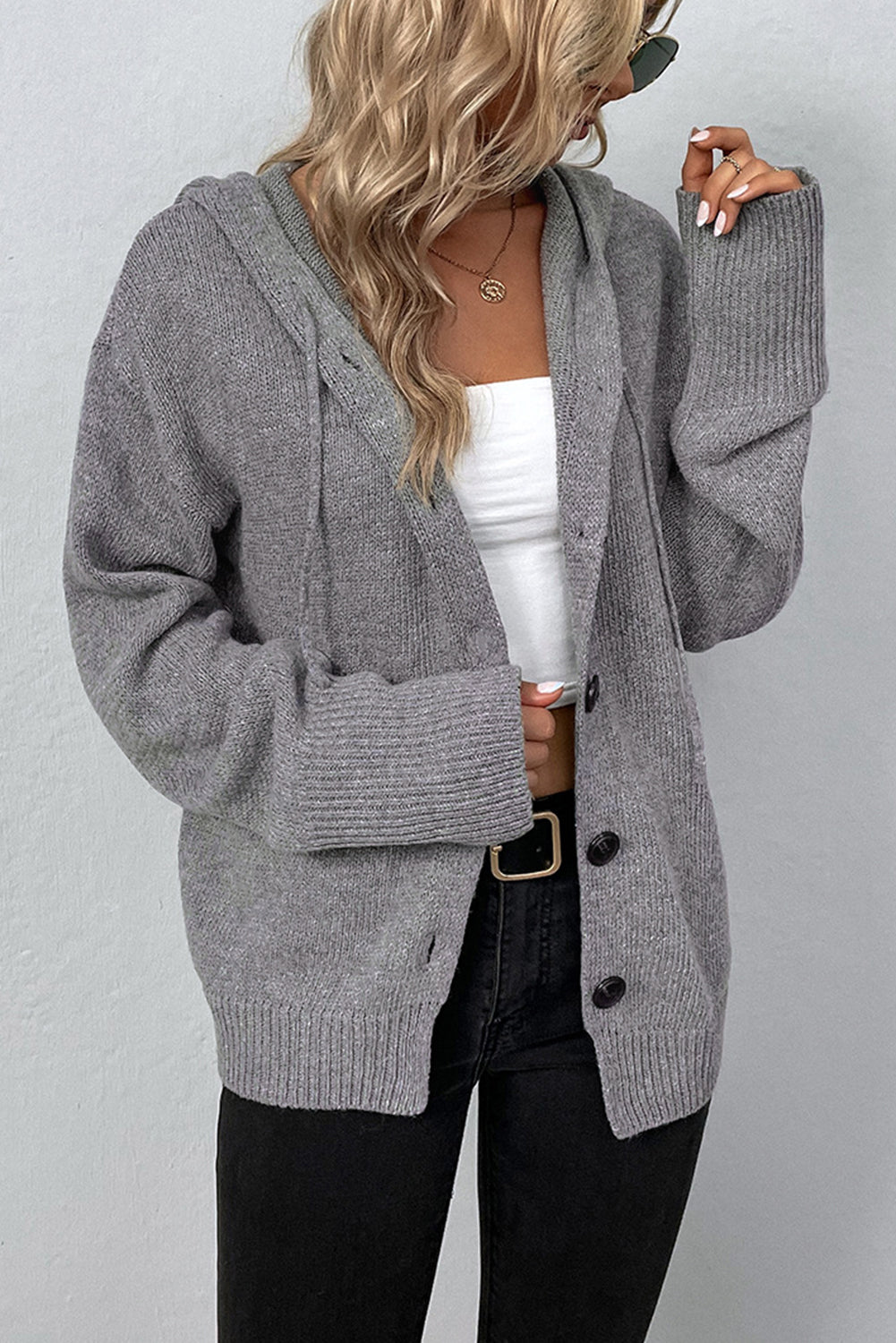 Medium Grey Drawstring Hooded Button Up Drop Shoulder Sweater Cardigan