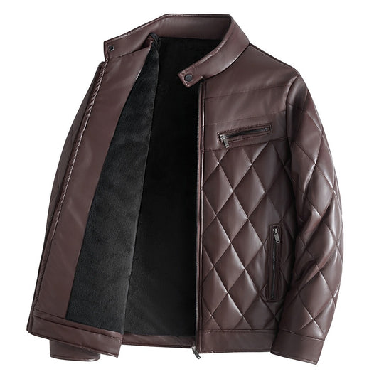 PU leather cotton jacket for men in winter with added velvet and thick leather