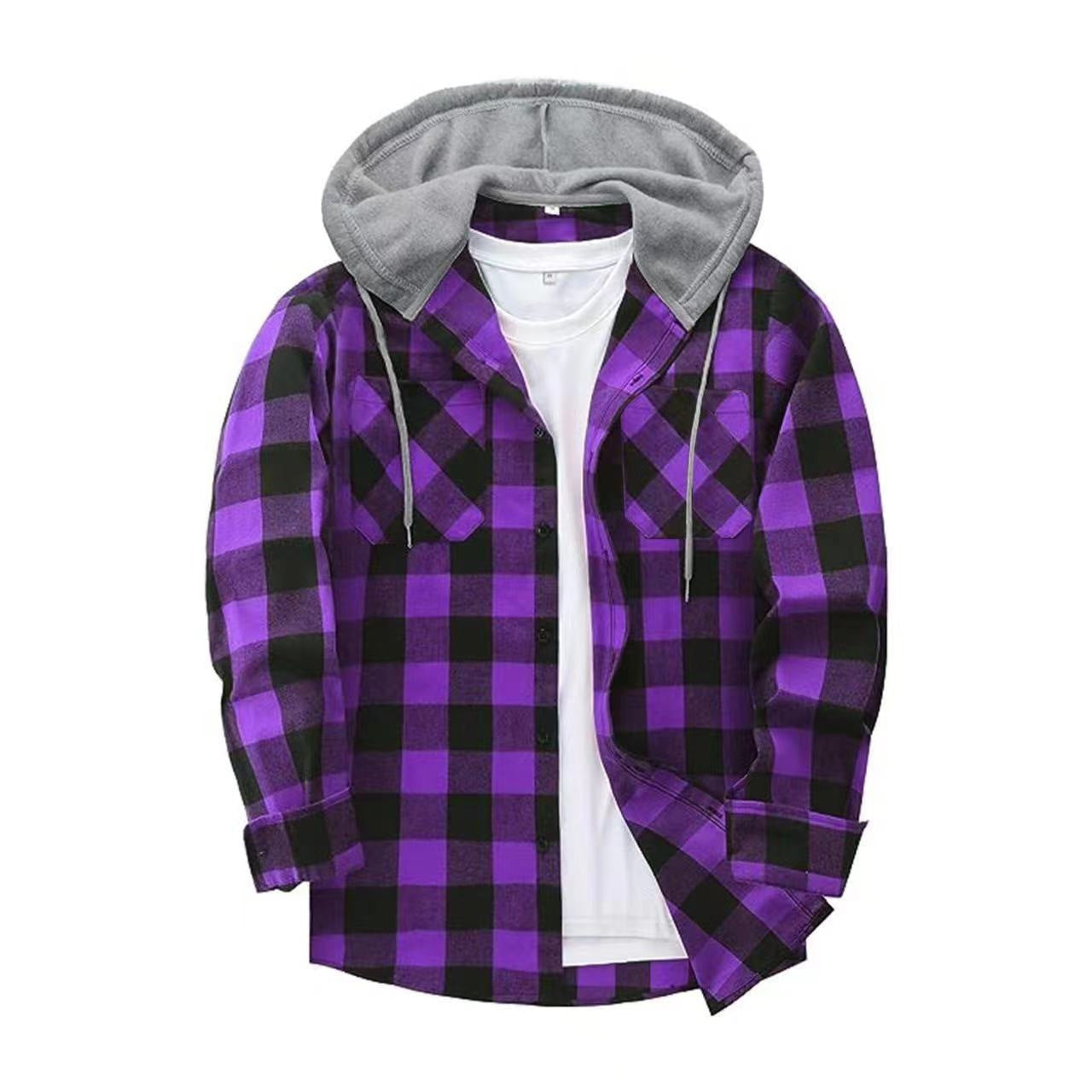 European grid hooded inch shirt hooded shirt men's casual shirt