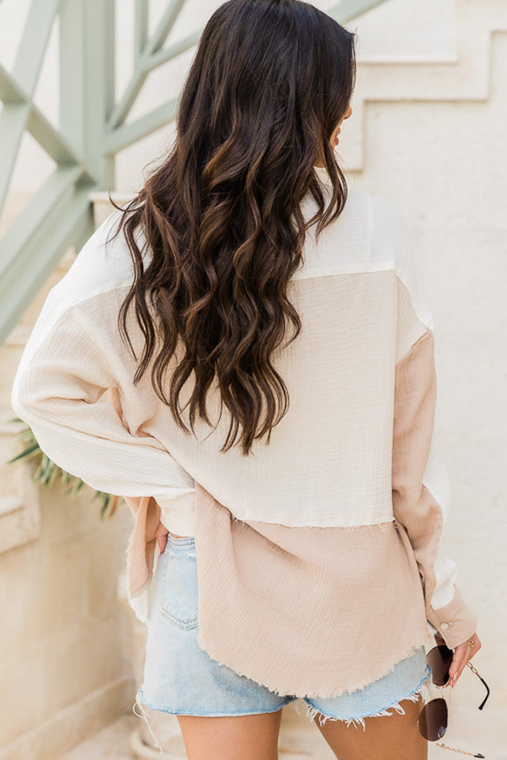 Khaki Color Block Buttoned Raw Hem Textured Shirt