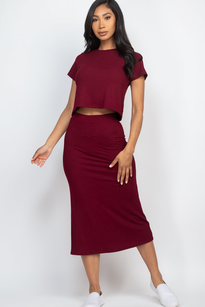 Short Sleeve Ribbed Top & Midi Skirt Set (CAPELLA)