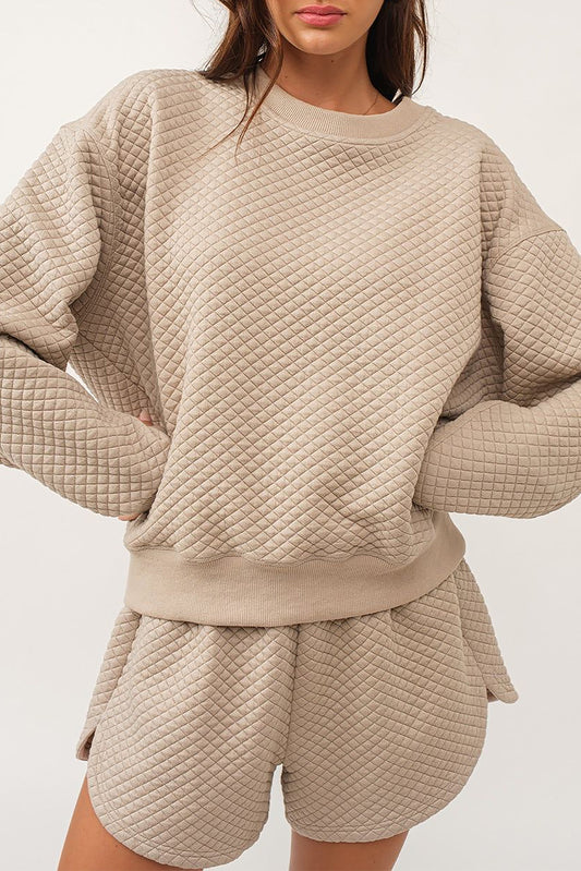 Parchment Solid Color Quilted Long Sleeve Top and Shorts Set