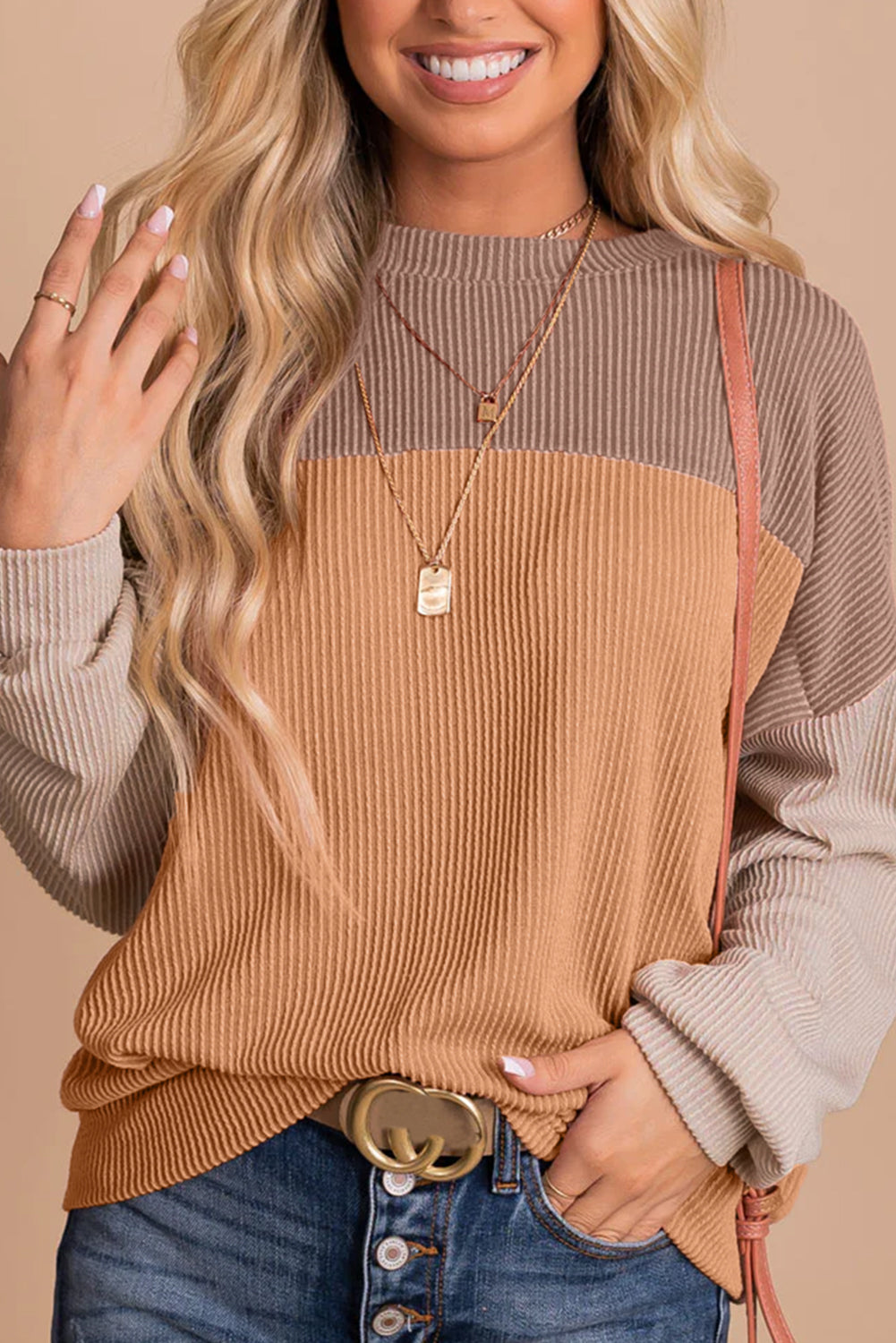 Khaki Color Block Long Sleeve Ribbed Loose Top