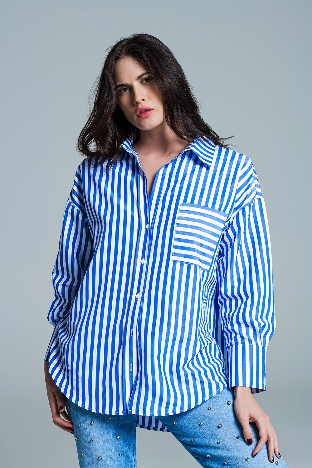 Oversized Blouse With Vertical Stripes in Blue