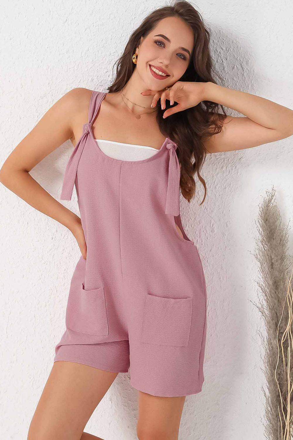 Pink Adjustable Straps Pocketed Textured Romper