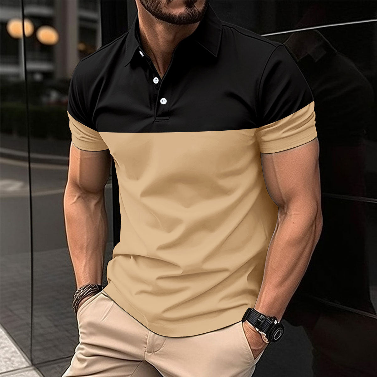 Men's casual polo shirt fashionable lapel button business color blocked versatile T-shirt top