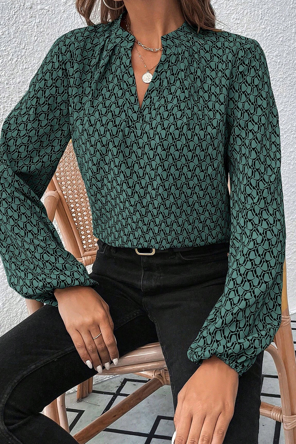 Green Geometric Print Notched Neck Puff Sleeve Blouse