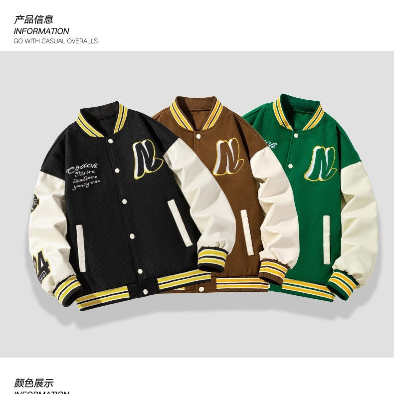 Baseball jacket men's embroidered and spliced