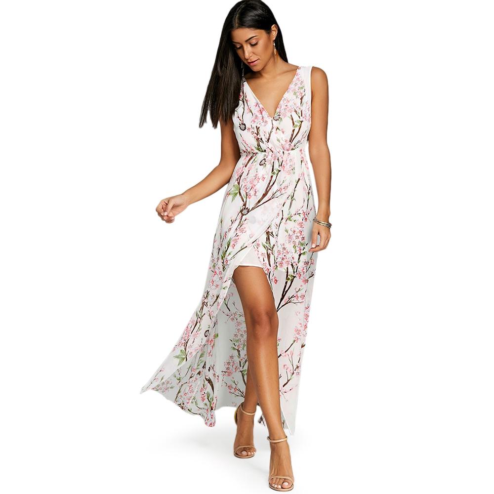 V-Neck High Slit Floral Chiffon Flowy Dress