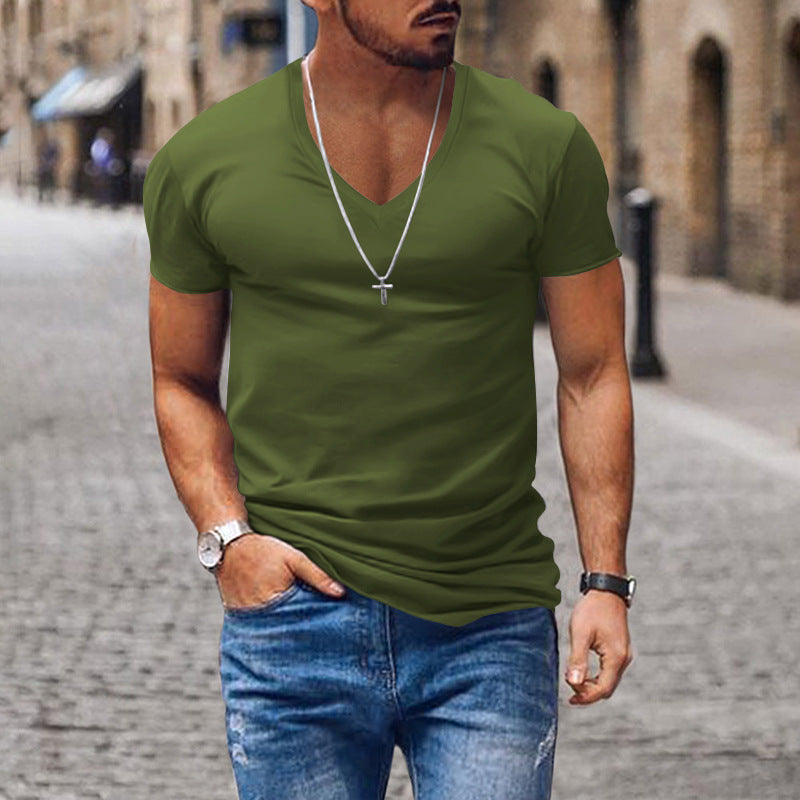 Men's T-shirt V-neck solid color slim fit casual