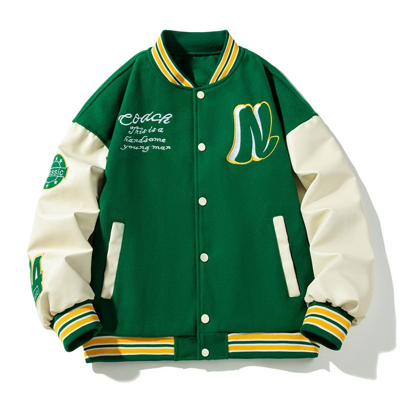 Baseball jacket men's embroidered and spliced