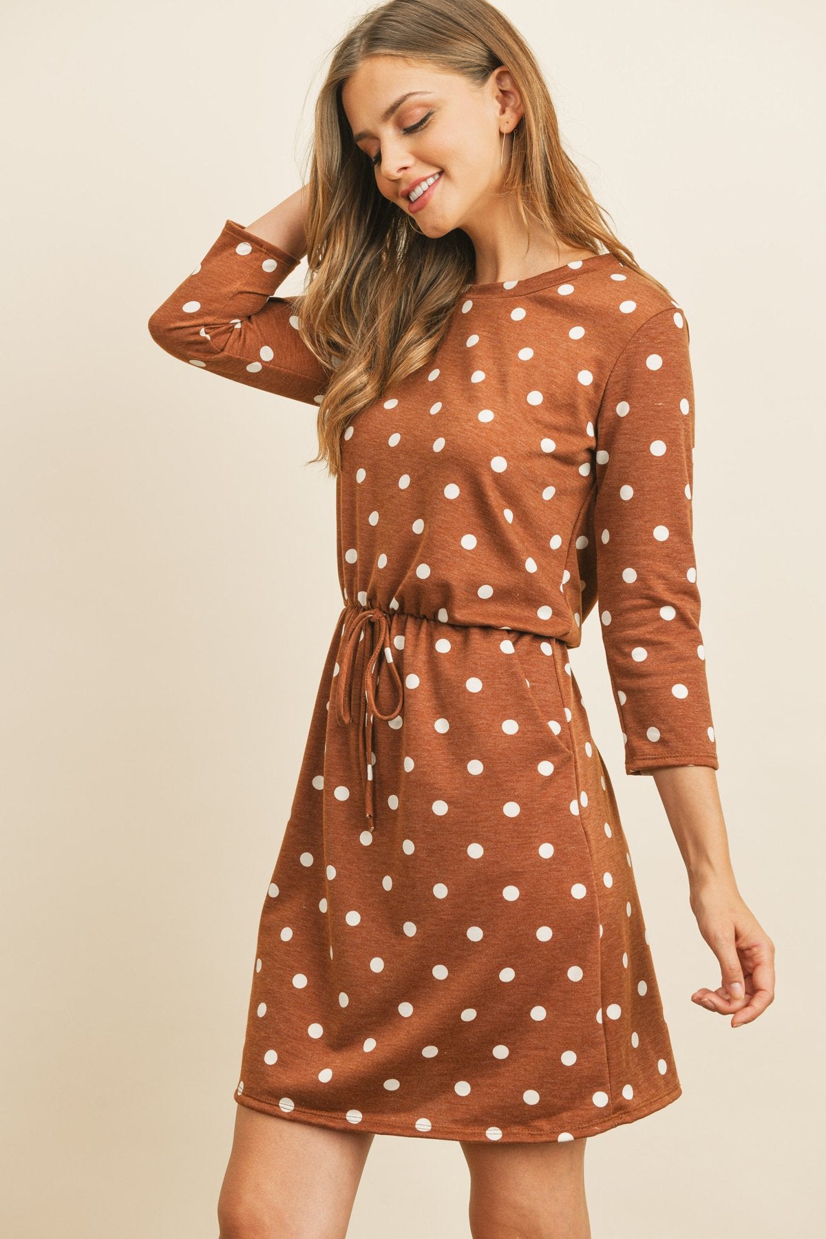 Polka Dot Print French Terry Cinch Waist Tie Front Dress With Pockets