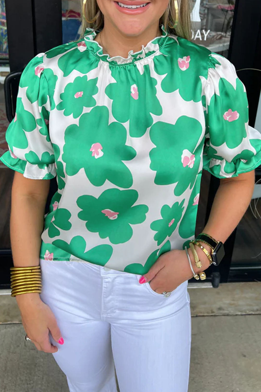 Green Floral Puff Sleeve Frill Neckline Blouse