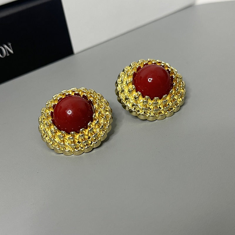 Three-dimensional round button red earrings   for women