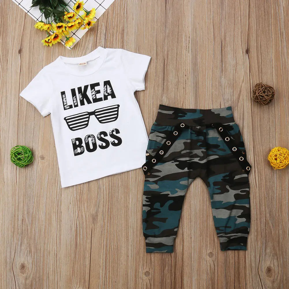 Set Kids Boys Cute Short Sleeve T-Shirt Top+Pants Outfits Clothing Set