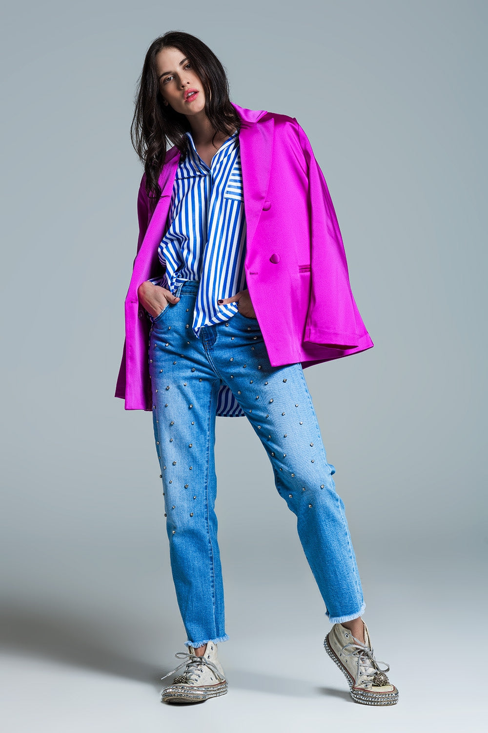 Oversized Blouse With Vertical Stripes in Blue