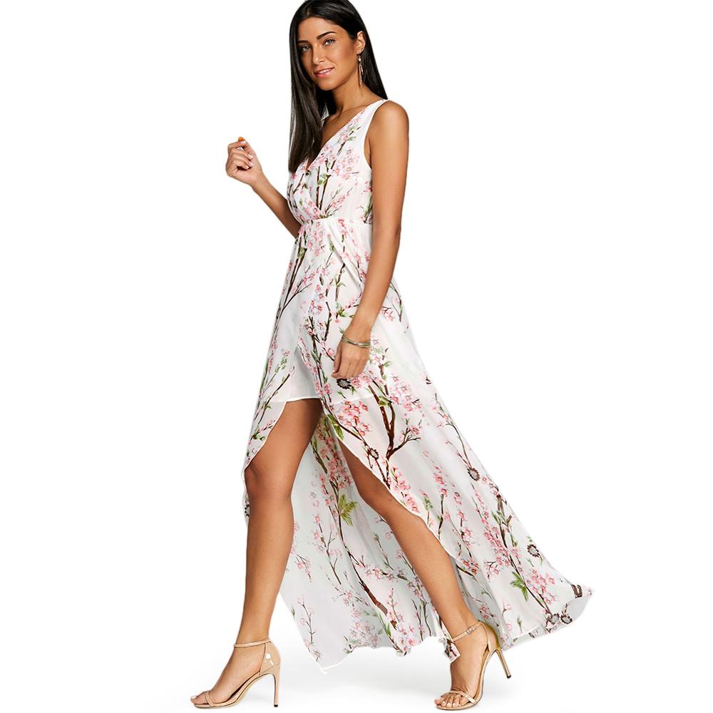 V-Neck High Slit Floral Chiffon Flowy Dress