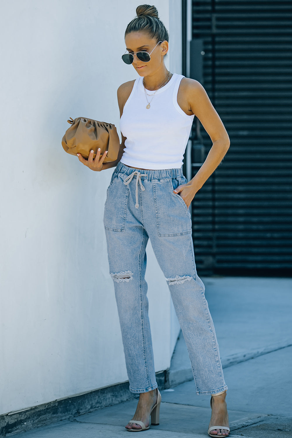 Sky Blue Gather Round Distressed Pocketed Denim Jogger