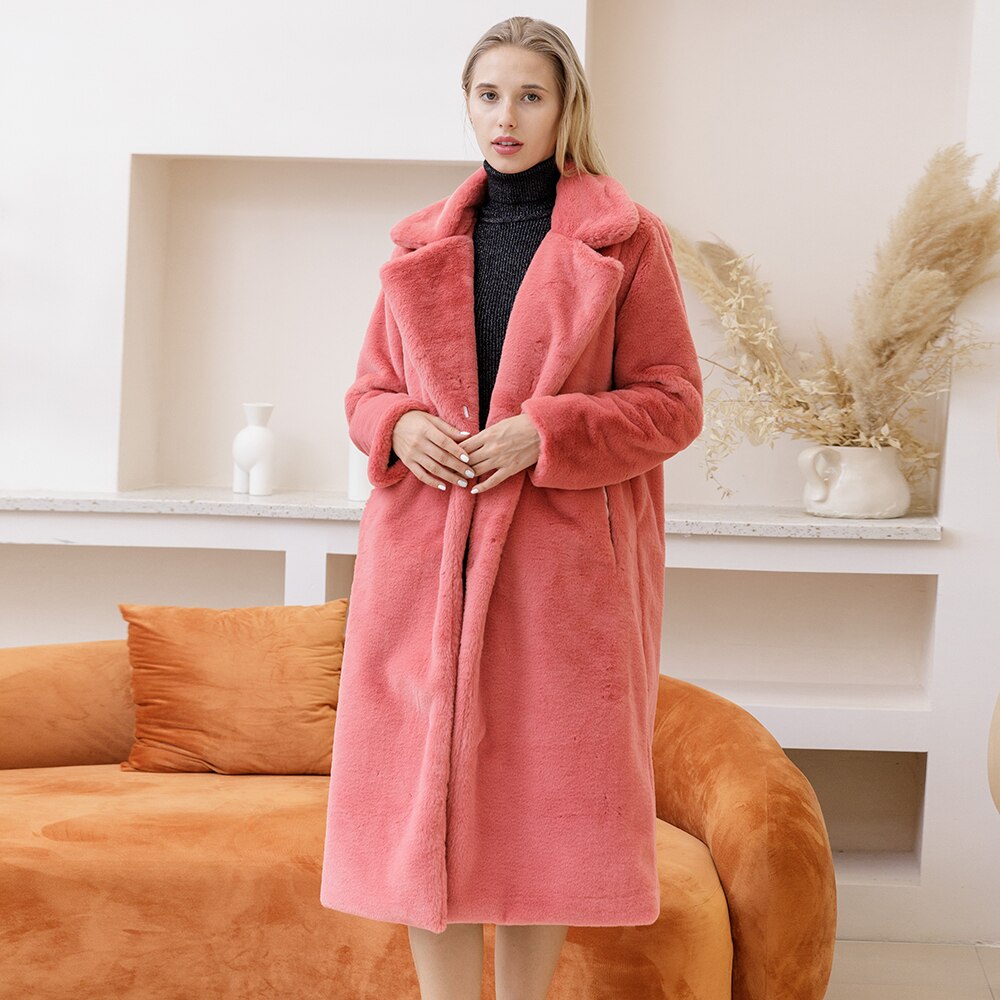 2022 New Female Winter Plush Thick Warm Loose Women Faux Rabbit Fur Coat Loose Lapel Fur Coat