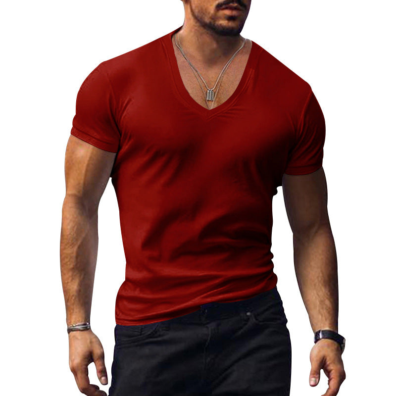 Men's T-shirt V-neck solid color slim fit casual