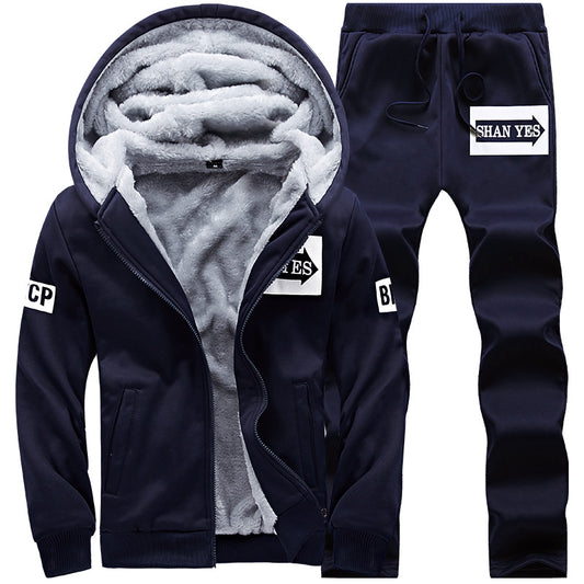 Men's winter fleece thick hoodie men's autumn and winter warm clothes pants set