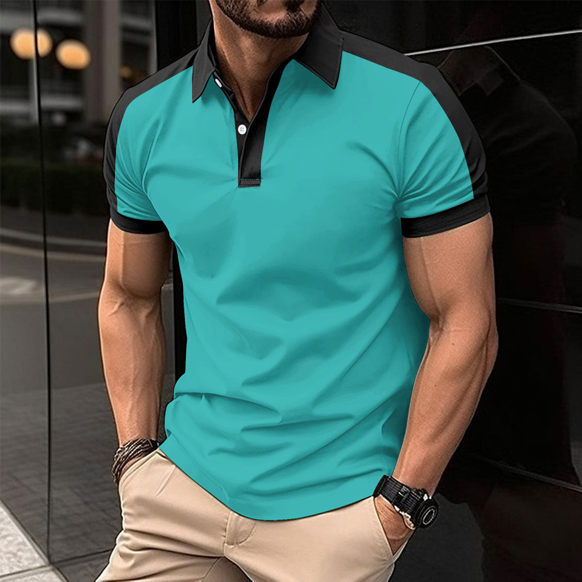 Casual polo shirt fashionable lapel button business color blocked versatile T-shirt top