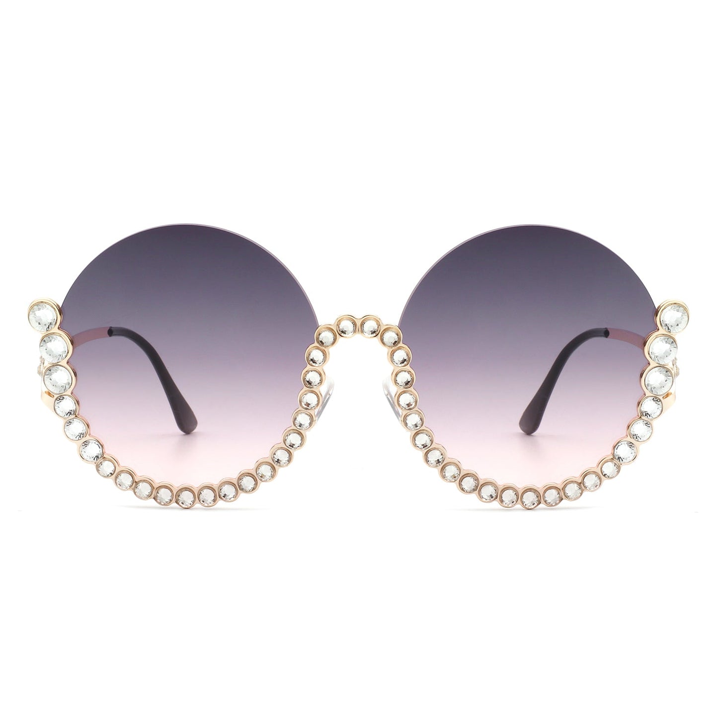 Gloriana - Women Circle Half Frame Oversize Rhinestone Fashion Round Sunglasses