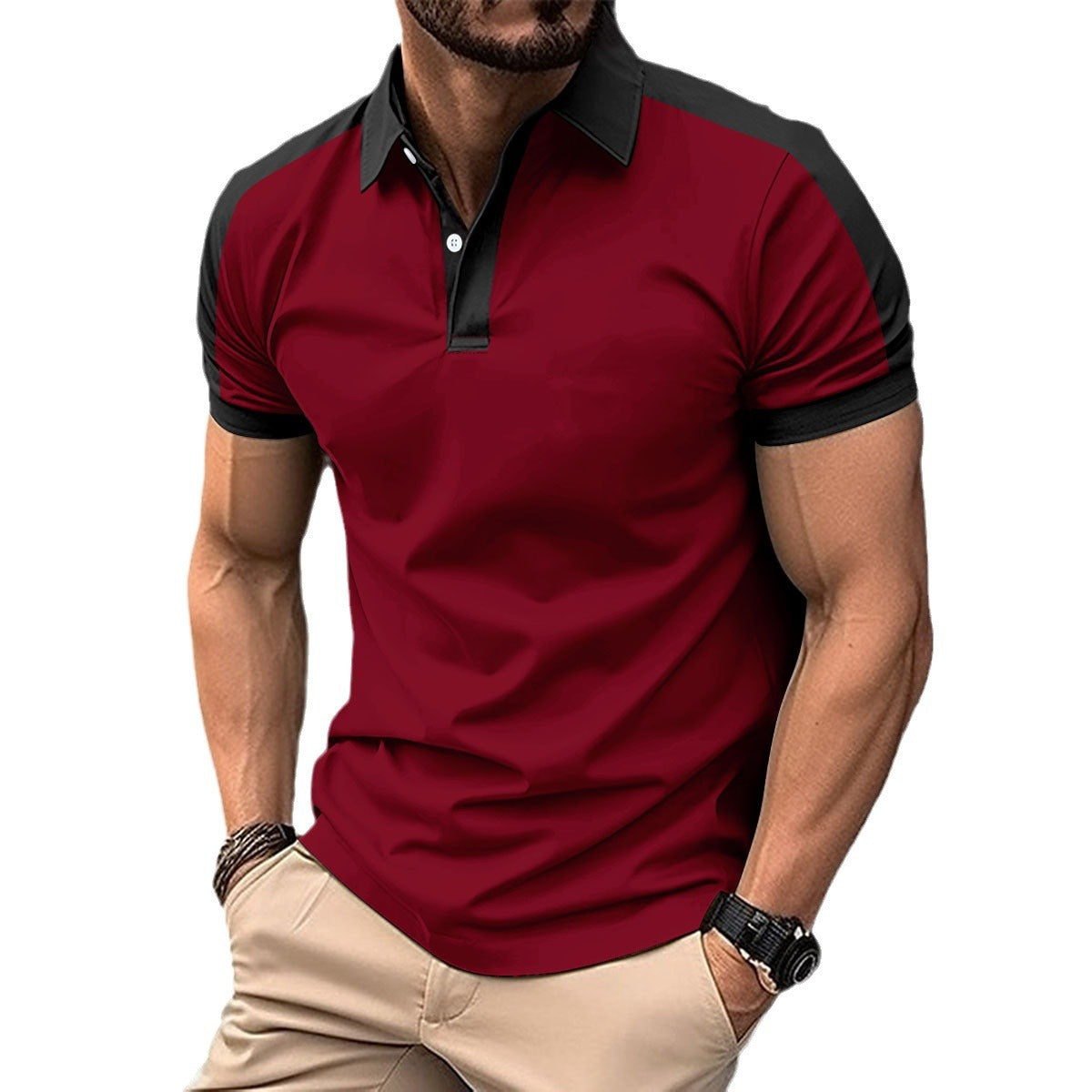 Casual polo shirt fashionable lapel button business color blocked versatile T-shirt top