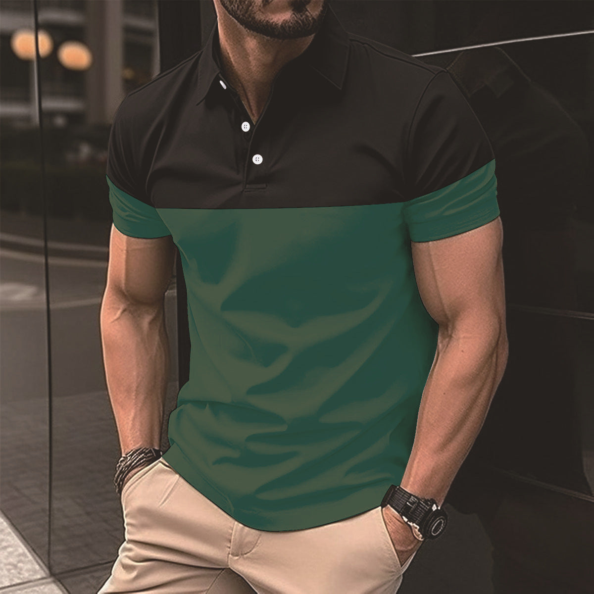 Men's casual polo shirt fashionable lapel button business color blocked versatile T-shirt top