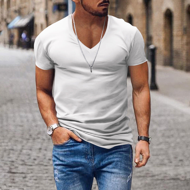 Men's T-shirt V-neck solid color slim fit casual