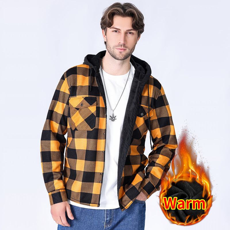 Casual fleece hooded checkered shirt for men