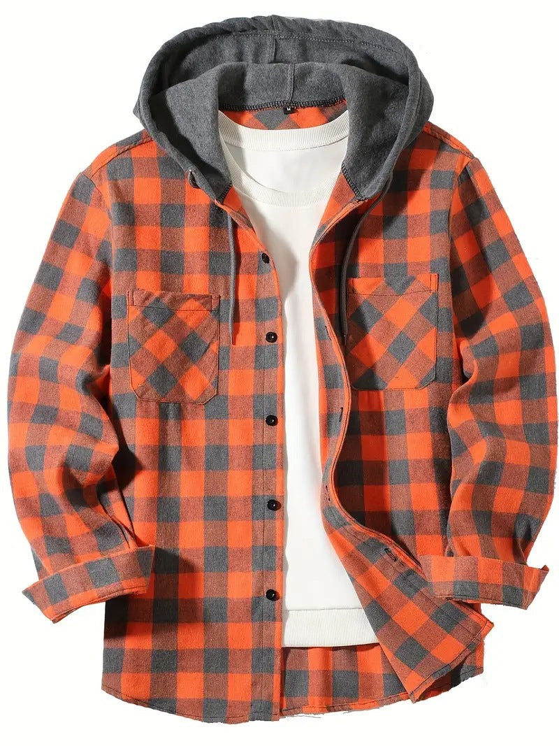 European grid hooded inch shirt hooded shirt men's casual shirt