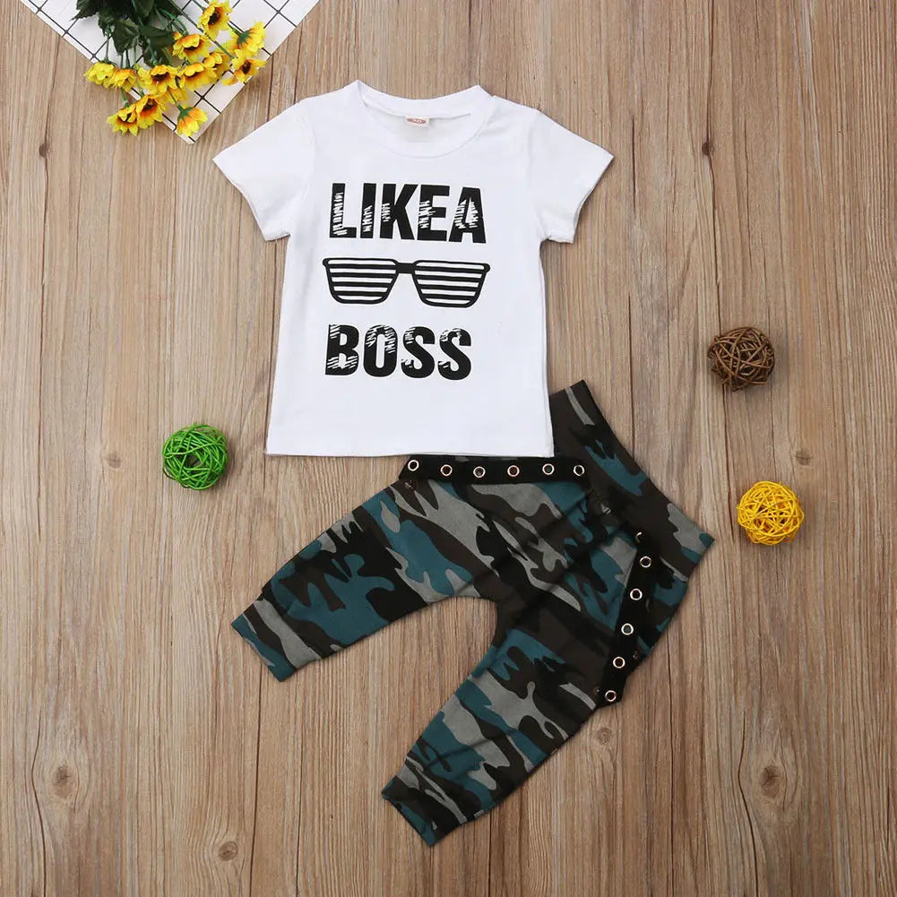 Set Kids Boys Cute Short Sleeve T-Shirt Top+Pants Outfits Clothing Set