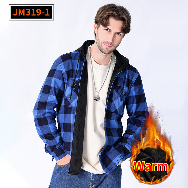 Casual fleece hooded checkered shirt for men