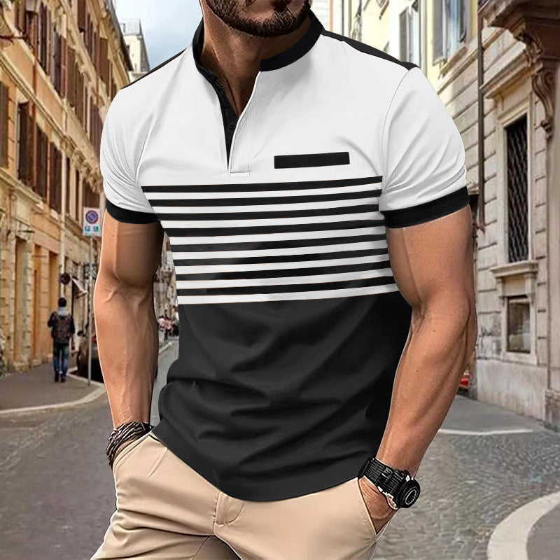 European and American polo shirt men's printed striped polo shirt short sleeved t-shirt