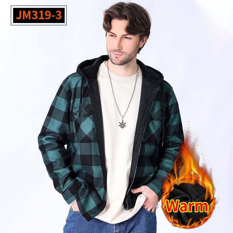 Casual fleece hooded checkered shirt for men