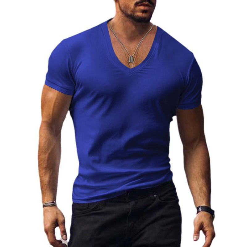 Men's T-shirt V-neck solid color slim fit casual