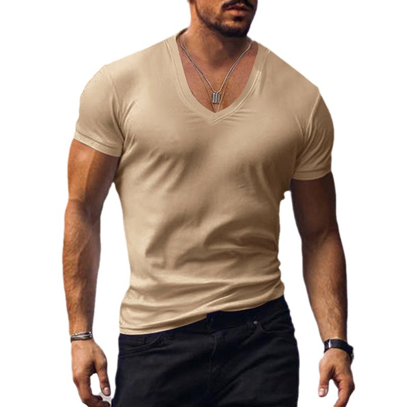 Men's T-shirt V-neck solid color slim fit casual