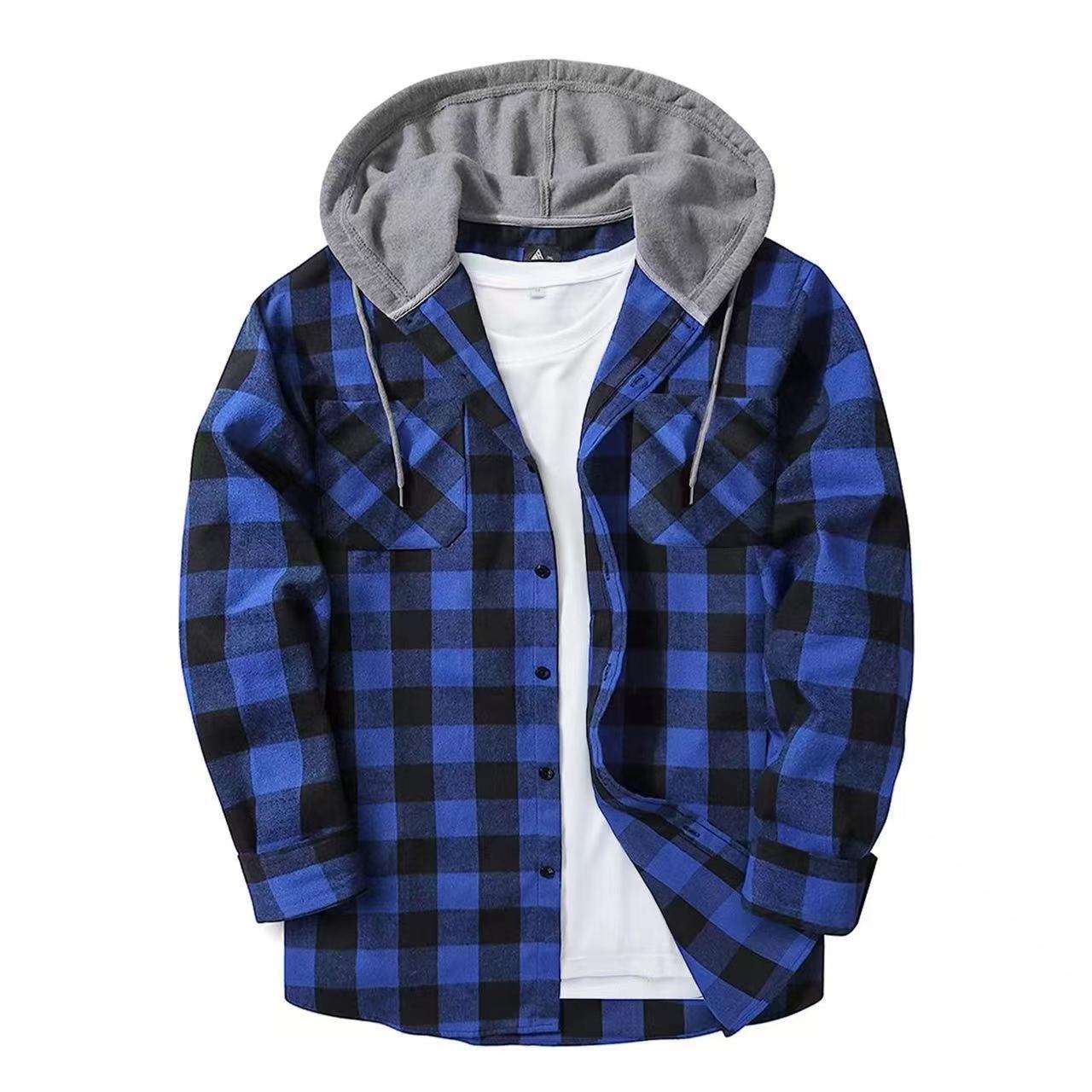 European grid hooded inch shirt hooded shirt men's casual shirt