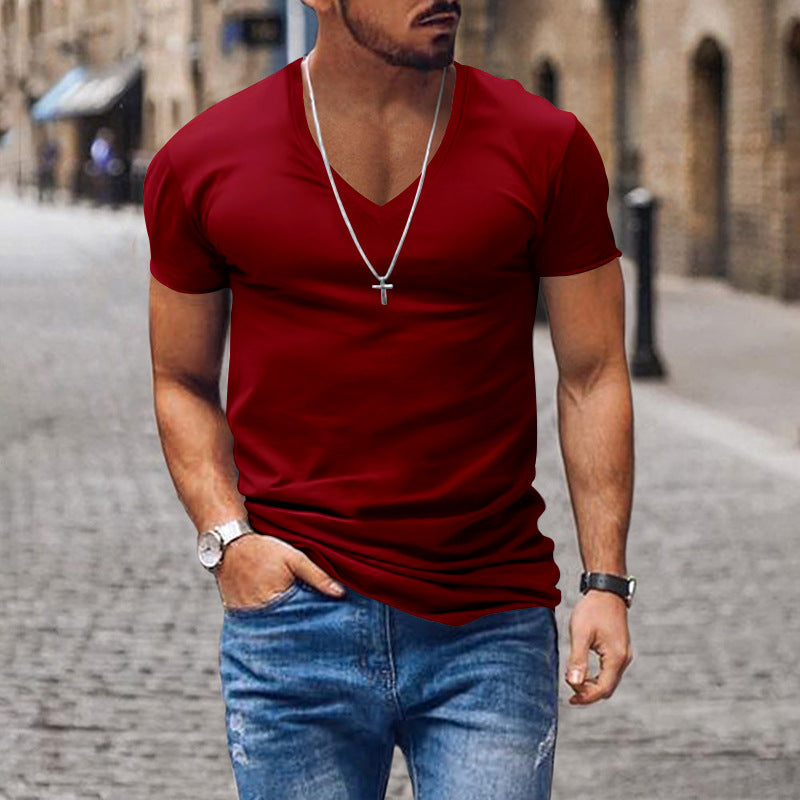 Men's T-shirt V-neck solid color slim fit casual