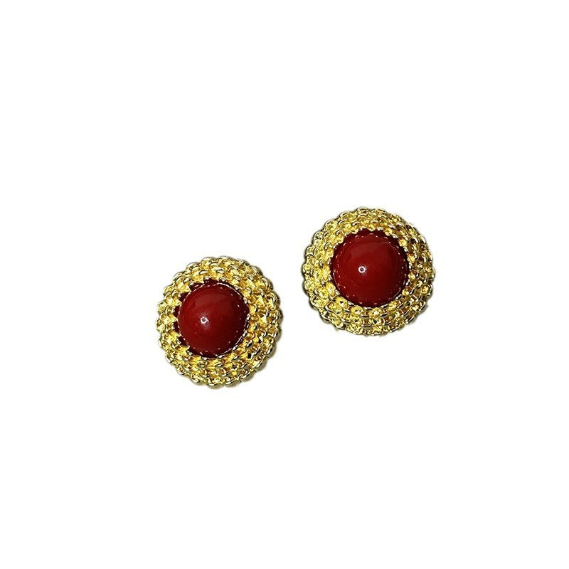 Three-dimensional round button red earrings   for women