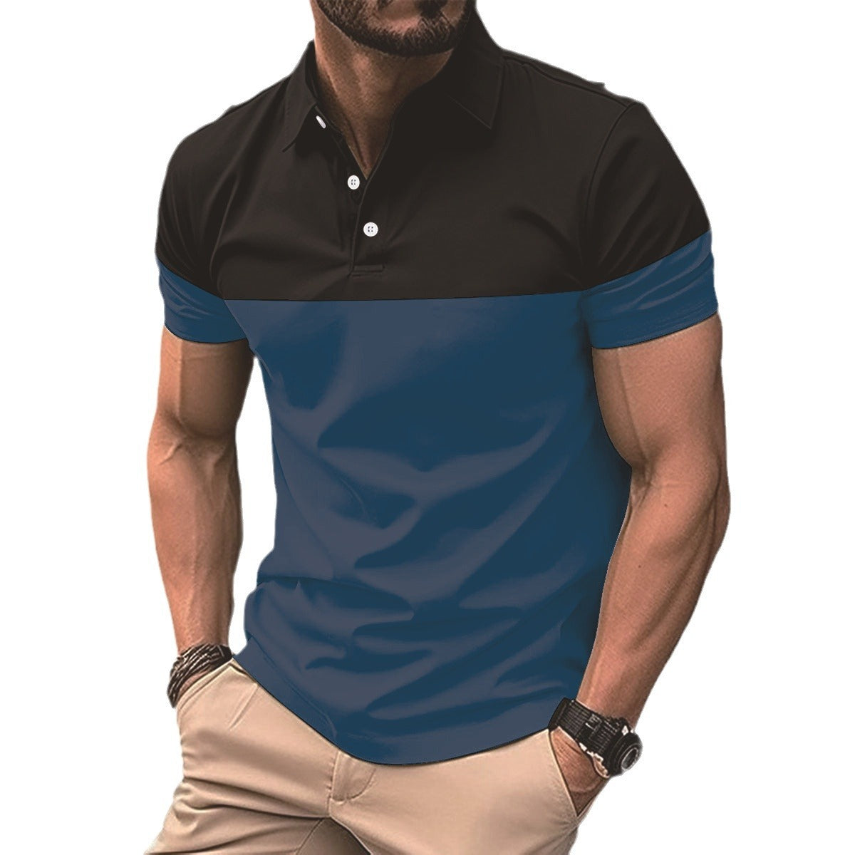 Men's casual polo shirt fashionable lapel button business color blocked versatile T-shirt top