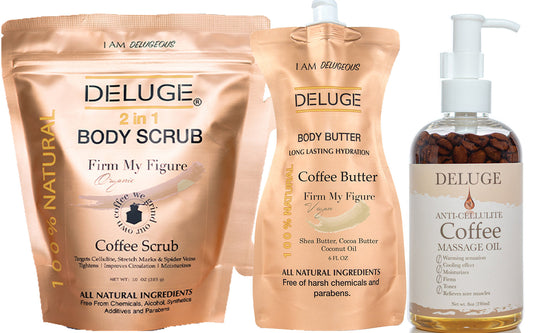 The Coffee Experience: Anti-Cellulite Massage Oil+ Body Scrub-Coffee+ Body Butter