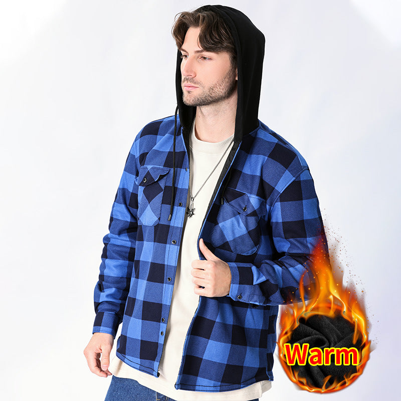 Casual fleece hooded checkered shirt for men